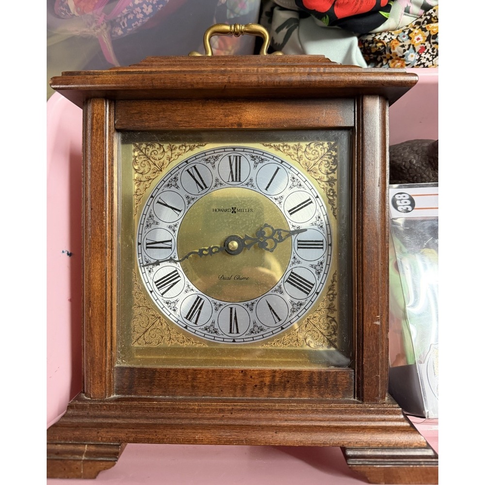 Howard Miller 612-481 Walnut Mantel Clock Wood Brass Quartz Roman Numerals Works